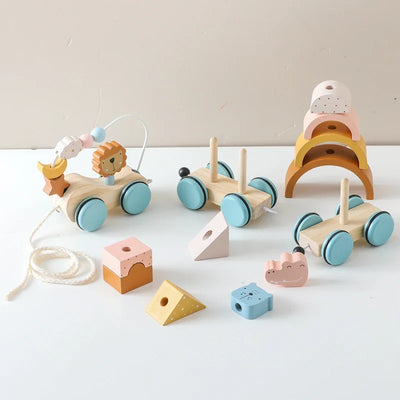 Fidtoy Jouet à tirer en bois pour tout-petits, voiture éducative 1 an et plus
