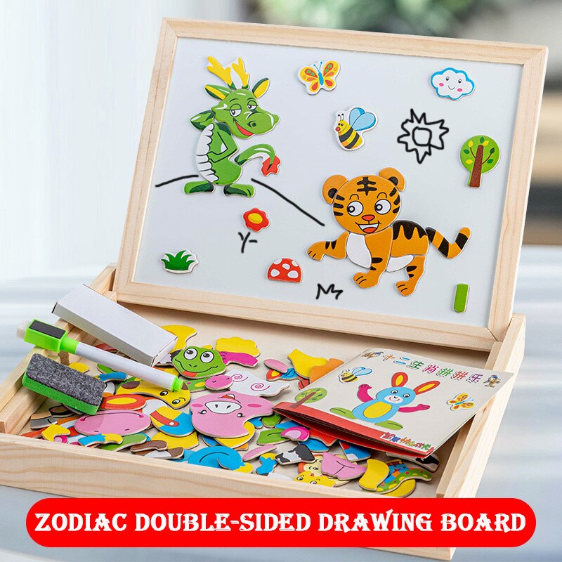 Wooden Multifunction Children Puzzle with Magnetic Writing and Drawing Board and Blackboard
