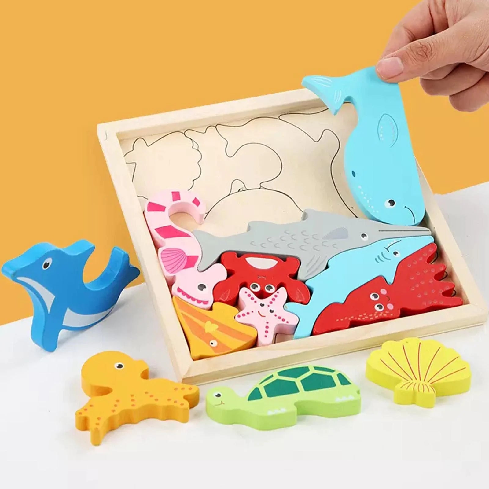 Wooden Marine Animal Puzzle Kids Animal Block Puzzle Square