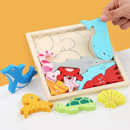 Wooden Marine Animal Puzzle Kids Animal Block Puzzle Square