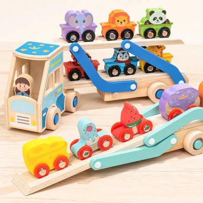 Fidtoy Wooden Tow Truck Toy for Toddlers Montessori Learning Toy with Animal Blocks for Fine Motor Skills and Creativity