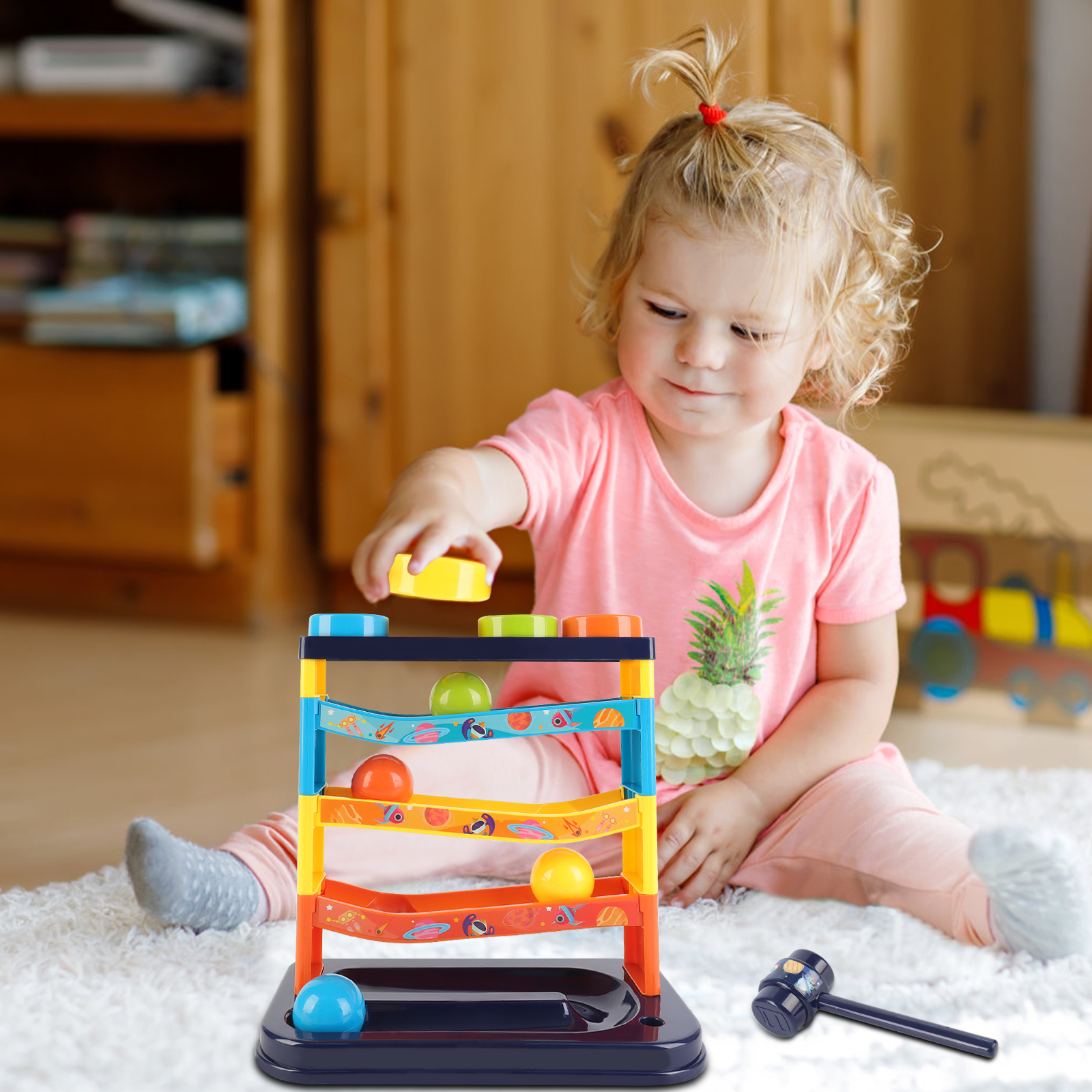 3-Layer Ball Drop Toy - Color sorting toys-Montessori STEM Learning Game for Toddlers 1-3 Years - Pound & Play Hammer Activity with Rolling Balls - Develops Fine Motor Skills, Hand-Eye Coordination - Baby Gift for Boys Girls (Random Colours)