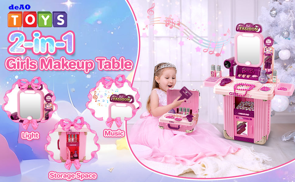 Kids Beauty Vanity Set with Suitcase Dressing Table Hair Salon Pretend Makeup & Hairdressing Toy Set Portable Dressing Table Princess Dress Up Playset Gift Toddler