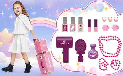 Kids Beauty Vanity Set with Suitcase Dressing Table Hair Salon Pretend Makeup & Hairdressing Toy Set Portable Dressing Table Princess Dress Up Playset Gift Toddler
