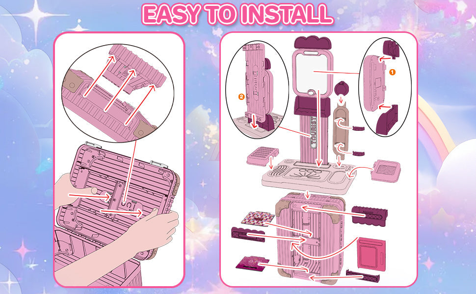 Kids Beauty Vanity Set with Suitcase Dressing Table Hair Salon Pretend Makeup & Hairdressing Toy Set Portable Dressing Table Princess Dress Up Playset Gift Toddler