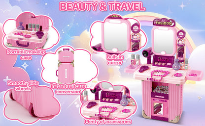 Kids Beauty Vanity Set with Suitcase Dressing Table Hair Salon Pretend Makeup & Hairdressing Toy Set Portable Dressing Table Princess Dress Up Playset Gift Toddler