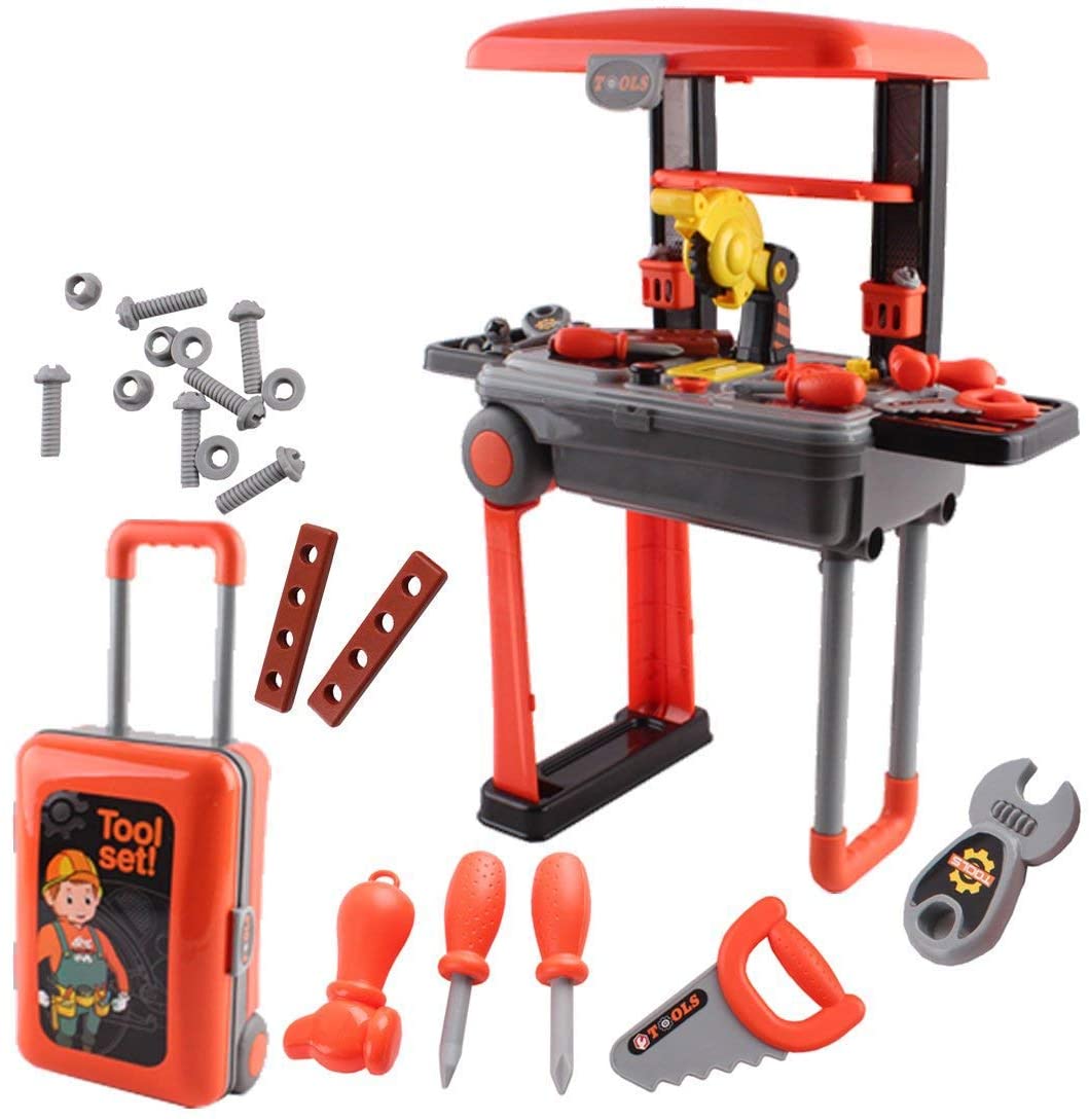 2-in-1 Deluxe Portable Tool Work Bench Suitcase Play Set with Tool Role Play Kit Educational Toys Great Birthday Christmas Gift for Kids
