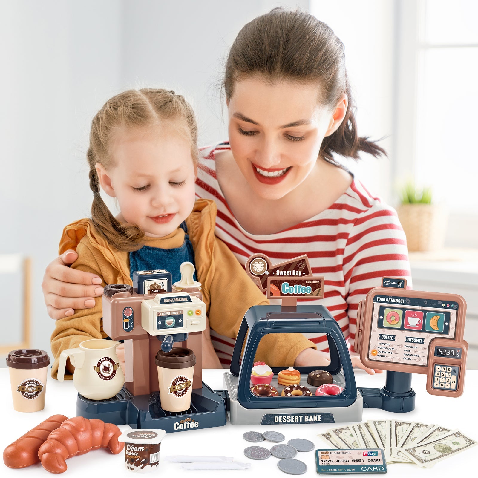 Pretend Kitchen Play Store Coffee Playset Toddlers Coffee Maker Play Set Dessert Shopping with Coffee Machine Cash Registers Toy Kids Age 3+