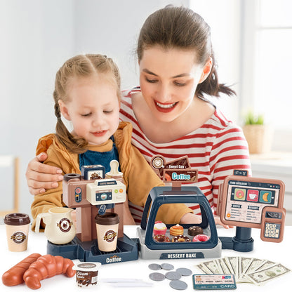 Pretend Kitchen Play Store Coffee Playset Toddlers Coffee Maker Play Set Dessert Shopping with Coffee Machine Cash Registers Toy Kids Age 3+