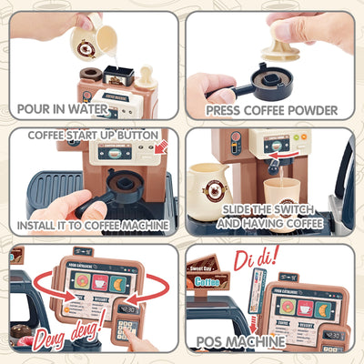 Pretend Kitchen Play Store Coffee Playset Toddlers Coffee Maker Play Set Dessert Shopping with Coffee Machine Cash Registers Toy Kids Age 3+