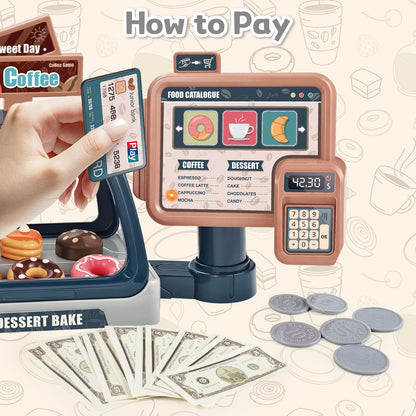 Pretend Kitchen Play Store Coffee Playset Toddlers Coffee Maker Play Set Dessert Shopping with Coffee Machine Cash Registers Toy Kids Age 3+