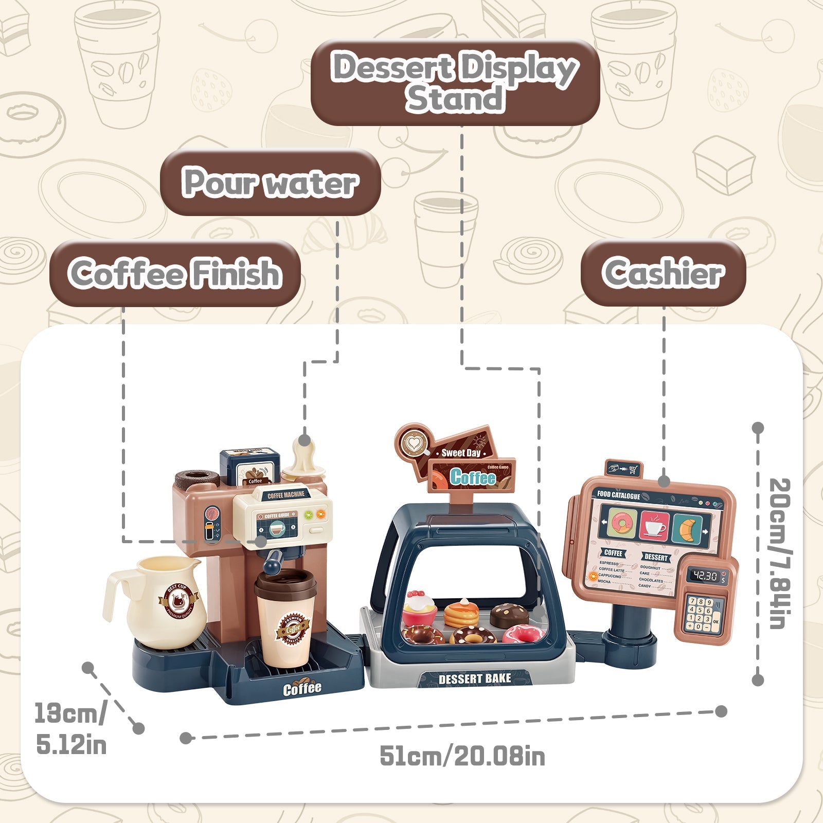 Pretend Kitchen Play Store Coffee Playset Toddlers Coffee Maker Play Set Dessert Shopping with Coffee Machine Cash Registers Toy Kids Age 3+