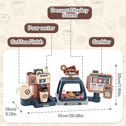 Pretend Kitchen Play Store Coffee Playset Toddlers Coffee Maker Play Set Dessert Shopping with Coffee Machine Cash Registers Toy Kids Age 3+