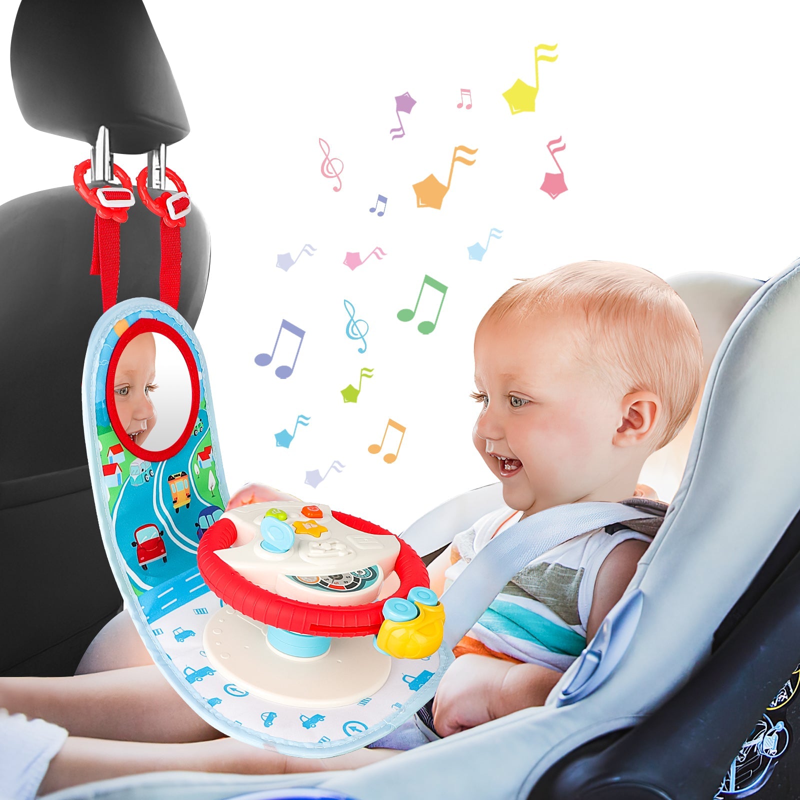 Pretend Simulated Driving Steering Wheel Toy Car Backseat Toys with Light and Music Early Educational Fun Gifts for Kids