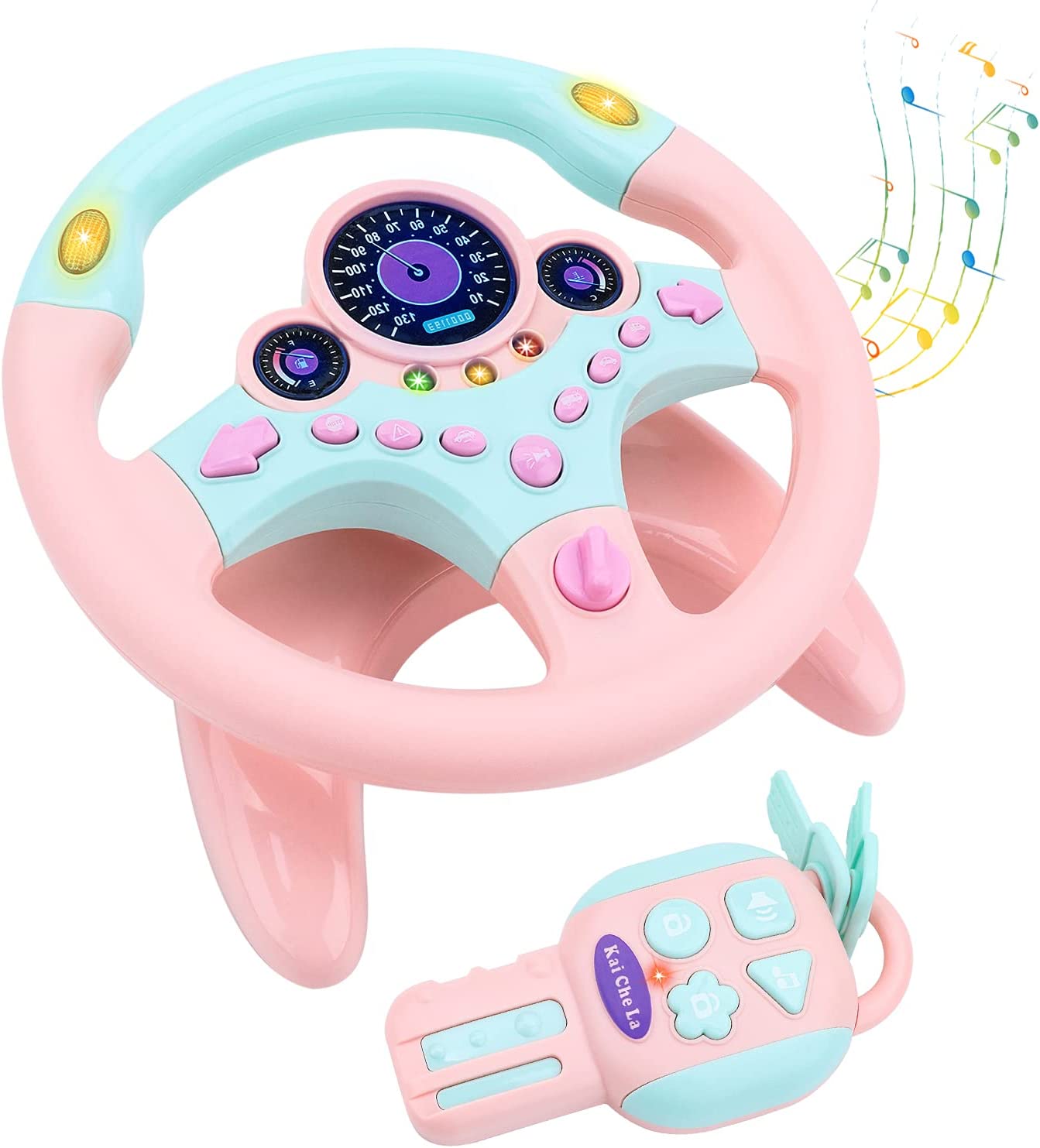 Steering Wheel for Car Backseat Pretend Driving Simulated Driving Steering Wheel Toy Light and Music Educational Gifts for Kids Pink