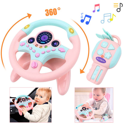Steering Wheel for Car Backseat Pretend Driving Simulated Driving Steering Wheel Toy Light and Music Educational Gifts for Kids Pink