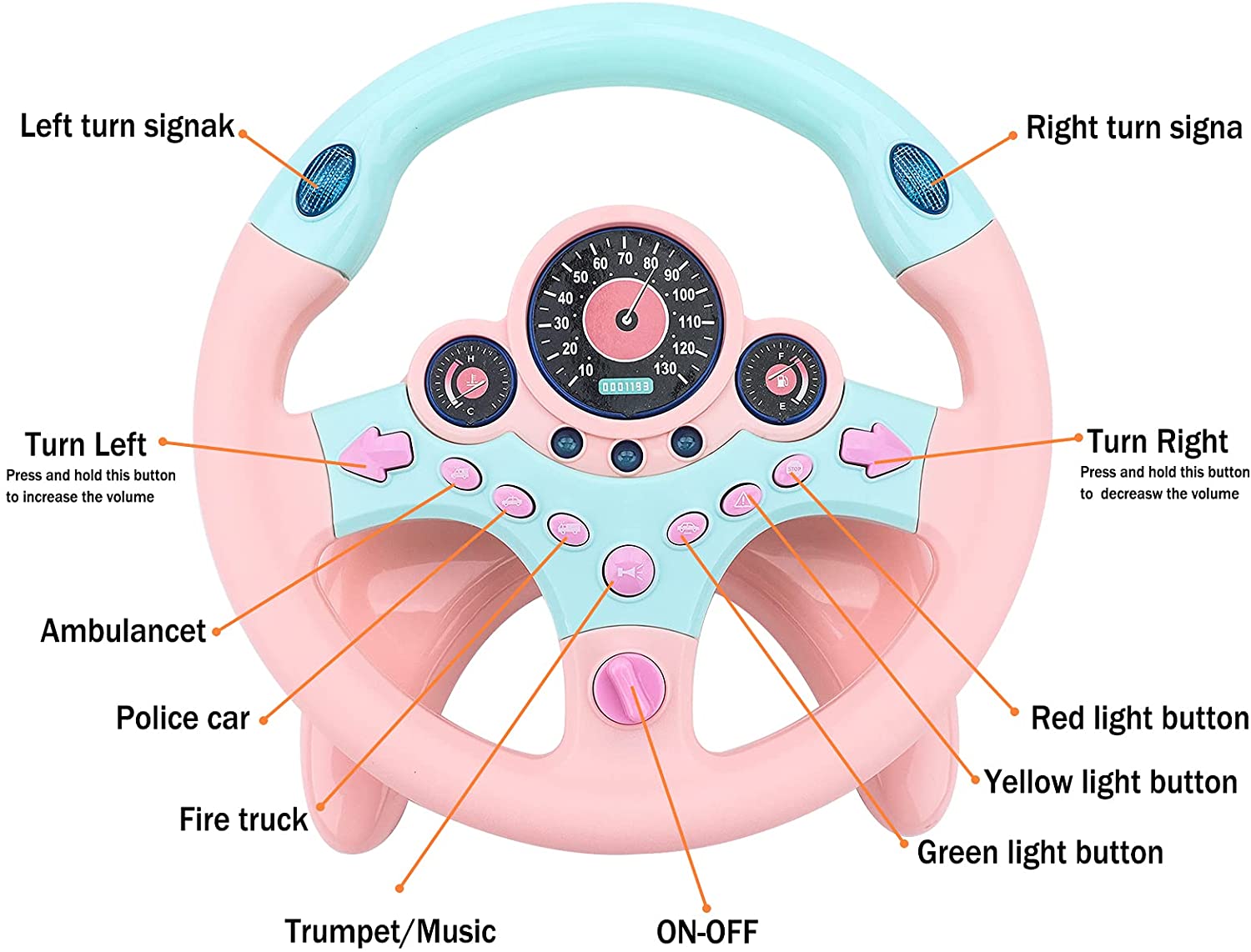 Steering Wheel for Car Backseat Pretend Driving Simulated Driving Steering Wheel Toy Light and Music Educational Gifts for Kids Pink