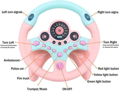 Steering Wheel for Car Backseat Pretend Driving Simulated Driving Steering Wheel Toy Light and Music Educational Gifts for Kids Pink