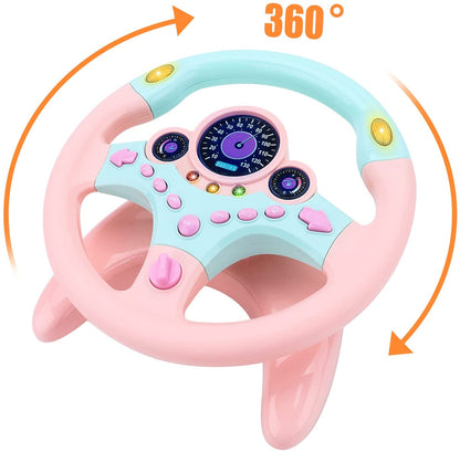 Steering Wheel for Car Backseat Pretend Driving Simulated Driving Steering Wheel Toy Light and Music Educational Gifts for Kids Pink