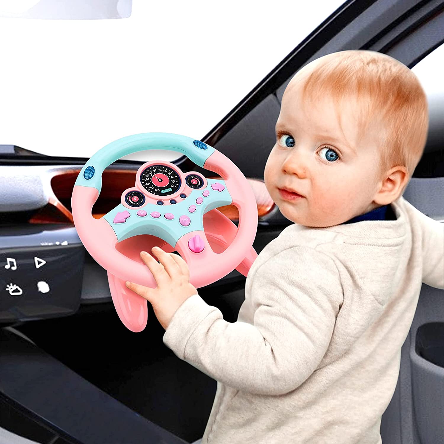 Steering Wheel for Car Backseat Pretend Driving Simulated Driving Steering Wheel Toy Light and Music Educational Gifts for Kids Pink