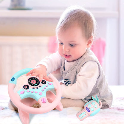 Steering Wheel for Car Backseat Pretend Driving Simulated Driving Steering Wheel Toy Light and Music Educational Gifts for Kids Pink