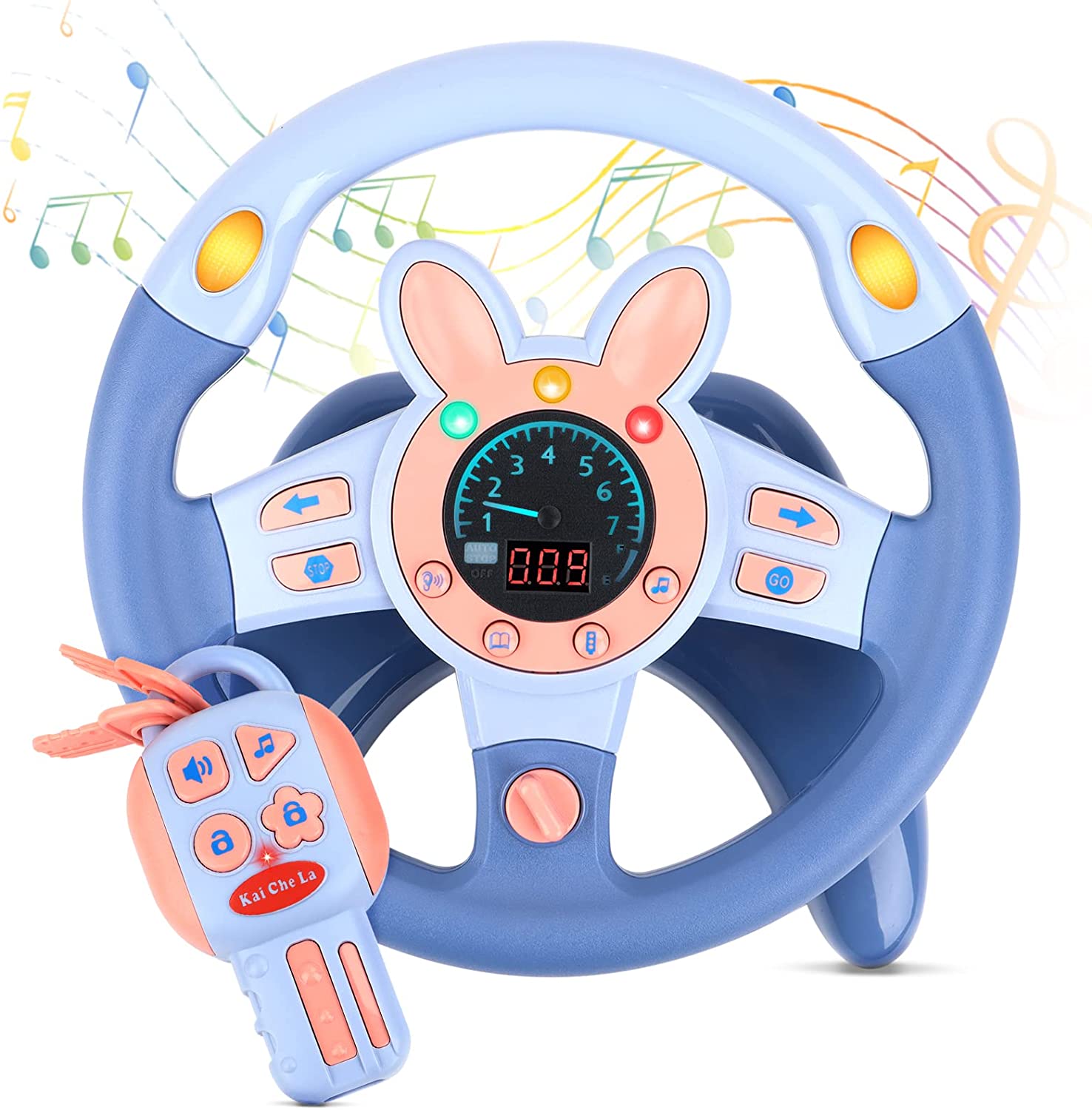 Steering Wheel for Car Backseat Pretend Driving Simulated Driving Steering Wheel Toy Light and Music Educational Gifts for Kids Blue