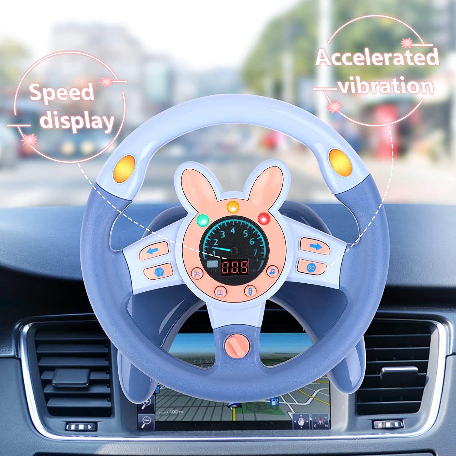 Steering Wheel for Car Backseat Pretend Driving Simulated Driving Steering Wheel Toy Light and Music Educational Gifts for Kids Blue