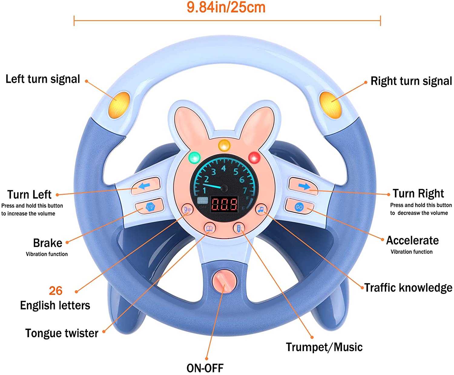 Steering Wheel for Car Backseat Pretend Driving Simulated Driving Steering Wheel Toy Light and Music Educational Gifts for Kids Blue