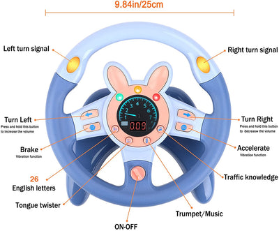 Steering Wheel for Car Backseat Pretend Driving Simulated Driving Steering Wheel Toy Light and Music Educational Gifts for Kids Blue