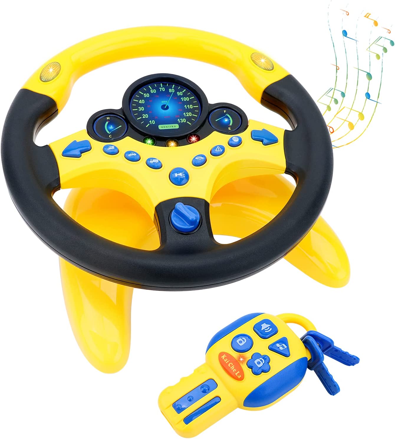 Steering Wheel for Car Backseat Pretend Driving Simulated Driving Steering Wheel Toy Light and Music Educational Gifts for Kids- Yellow