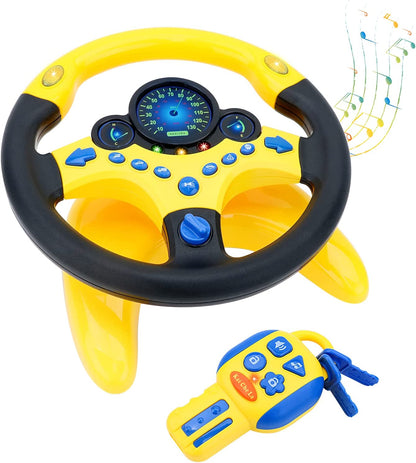 Steering Wheel for Car Backseat Pretend Driving Simulated Driving Steering Wheel Toy Light and Music Educational Gifts for Kids- Yellow