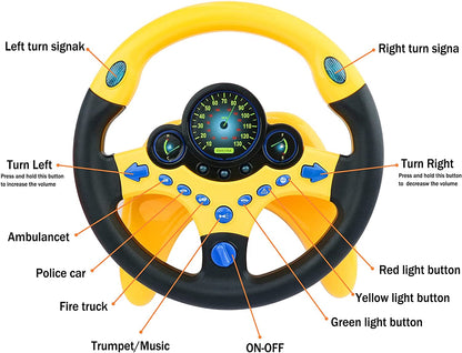 Steering Wheel for Car Backseat Pretend Driving Simulated Driving Steering Wheel Toy Light and Music Educational Gifts for Kids- Yellow