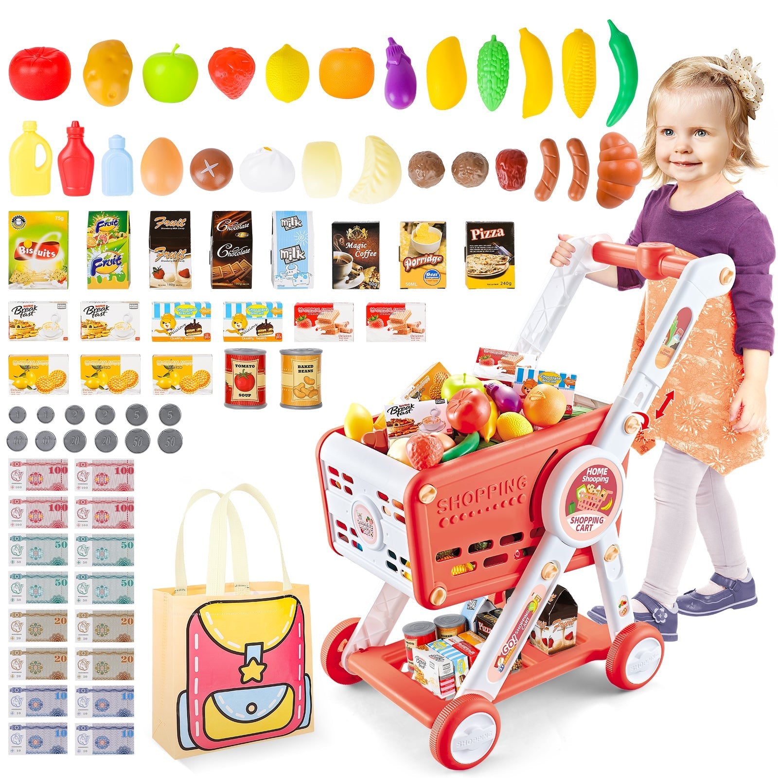 Kids Shopping Cart Trolley Play Set with Pretend Food and Accessories Grocery Shopping Cart Pretend Play and Role-Playing Games