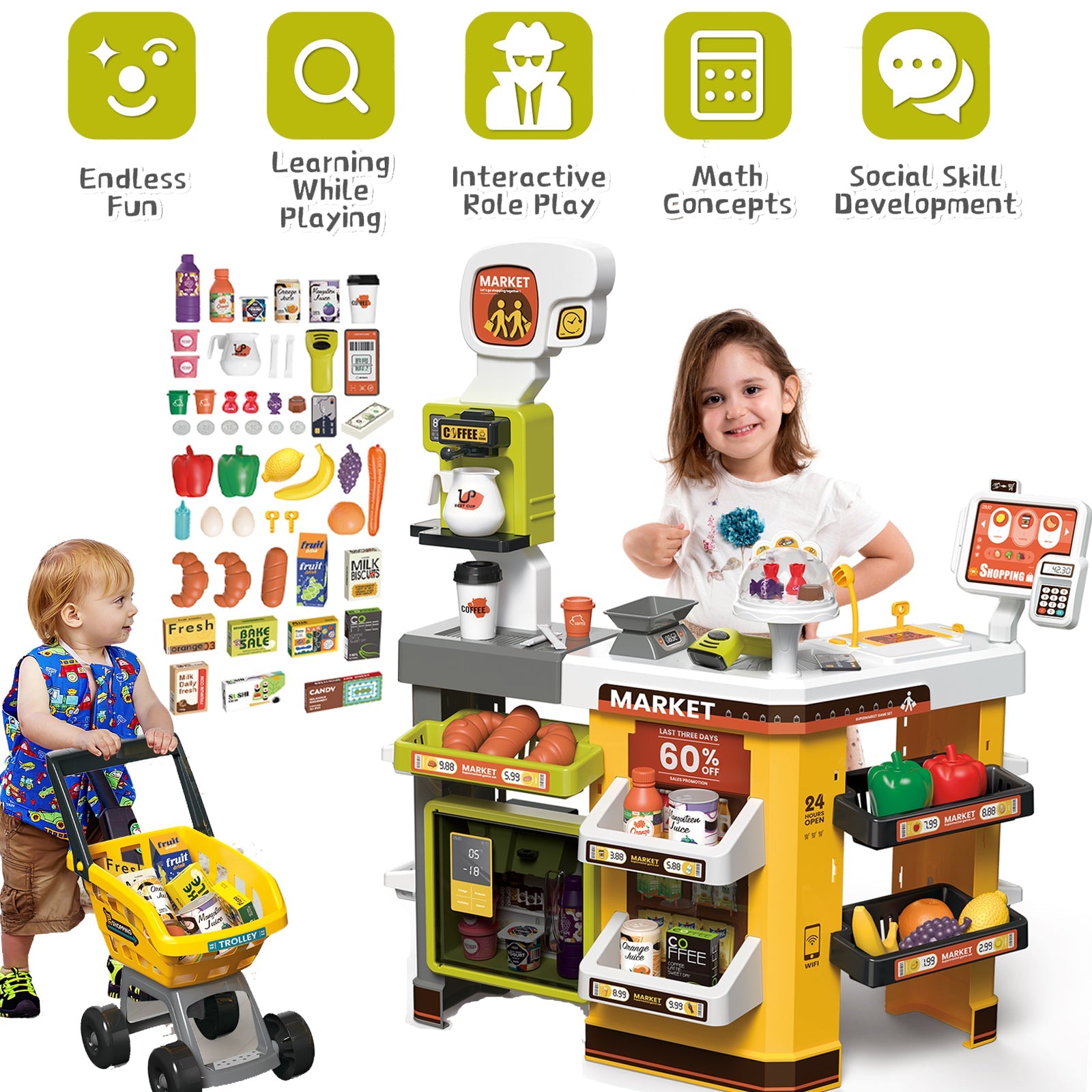 65PCS Supermarket Cart Toys Play Set Role Play Cash Register Pretend Interactive Grocery Stand Store Simulate Light Music and Smoking for Kids