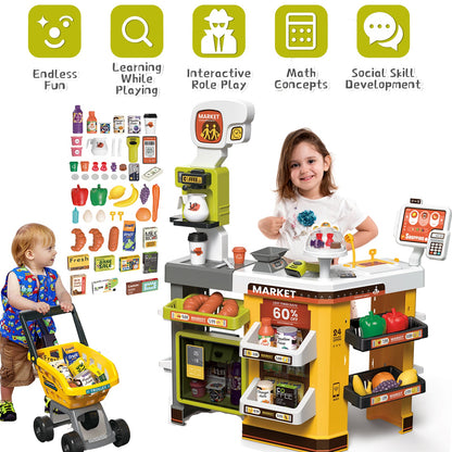 65PCS Supermarket Cart Toys Play Set Role Play Cash Register Pretend Interactive Grocery Stand Store Simulate Light Music and Smoking for Kids