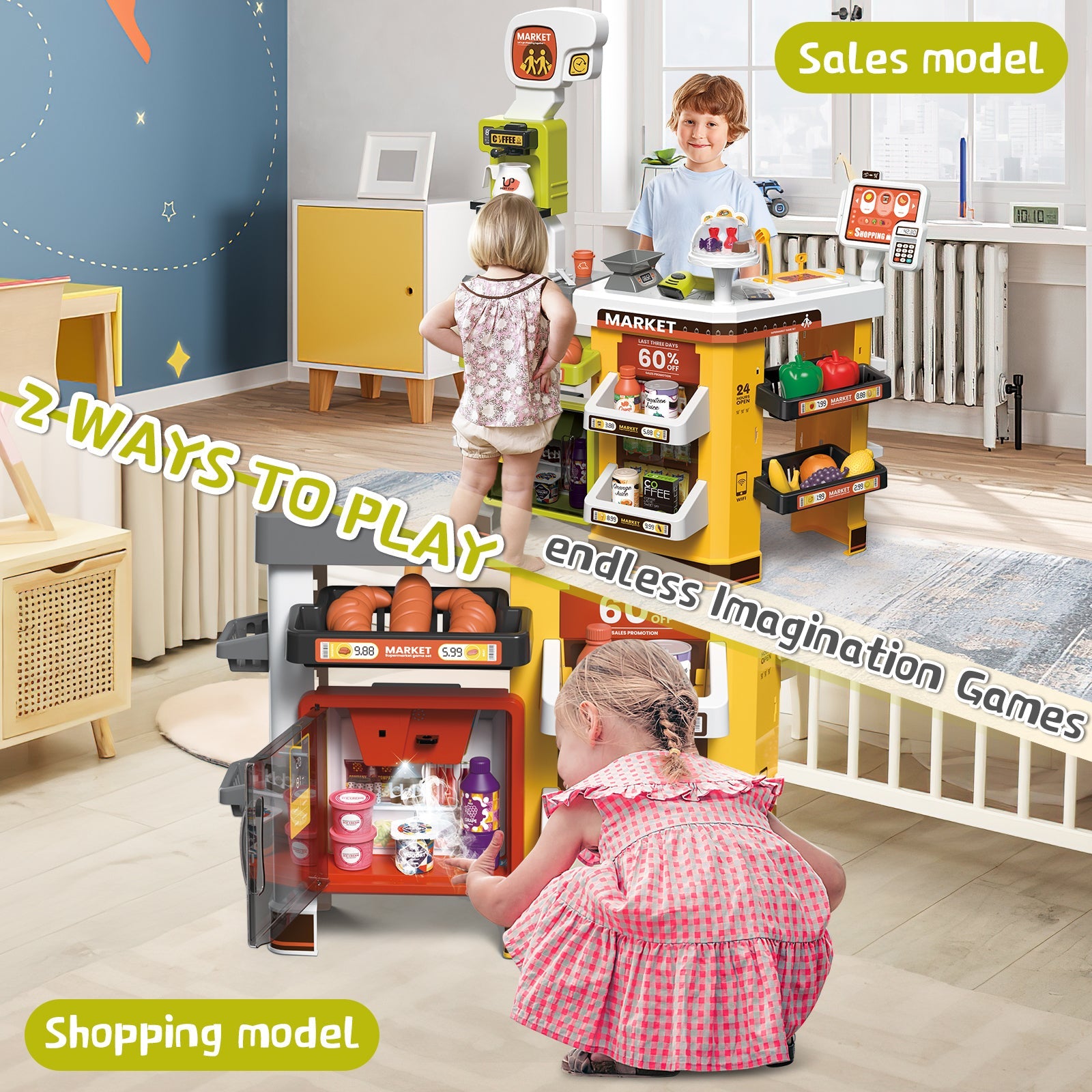 65PCS Supermarket Cart Toys Play Set Role Play Cash Register Pretend Interactive Grocery Stand Store Simulate Light Music and Smoking for Kids