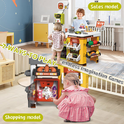 65PCS Supermarket Cart Toys Play Set Role Play Cash Register Pretend Interactive Grocery Stand Store Simulate Light Music and Smoking for Kids