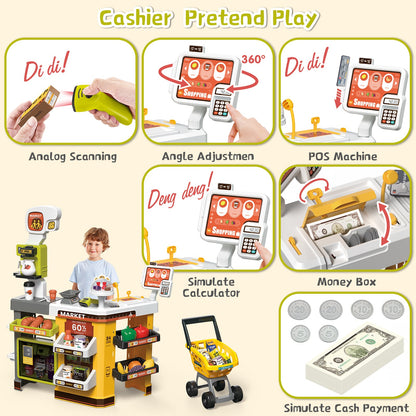 65PCS Supermarket Cart Toys Play Set Role Play Cash Register Pretend Interactive Grocery Stand Store Simulate Light Music and Smoking for Kids