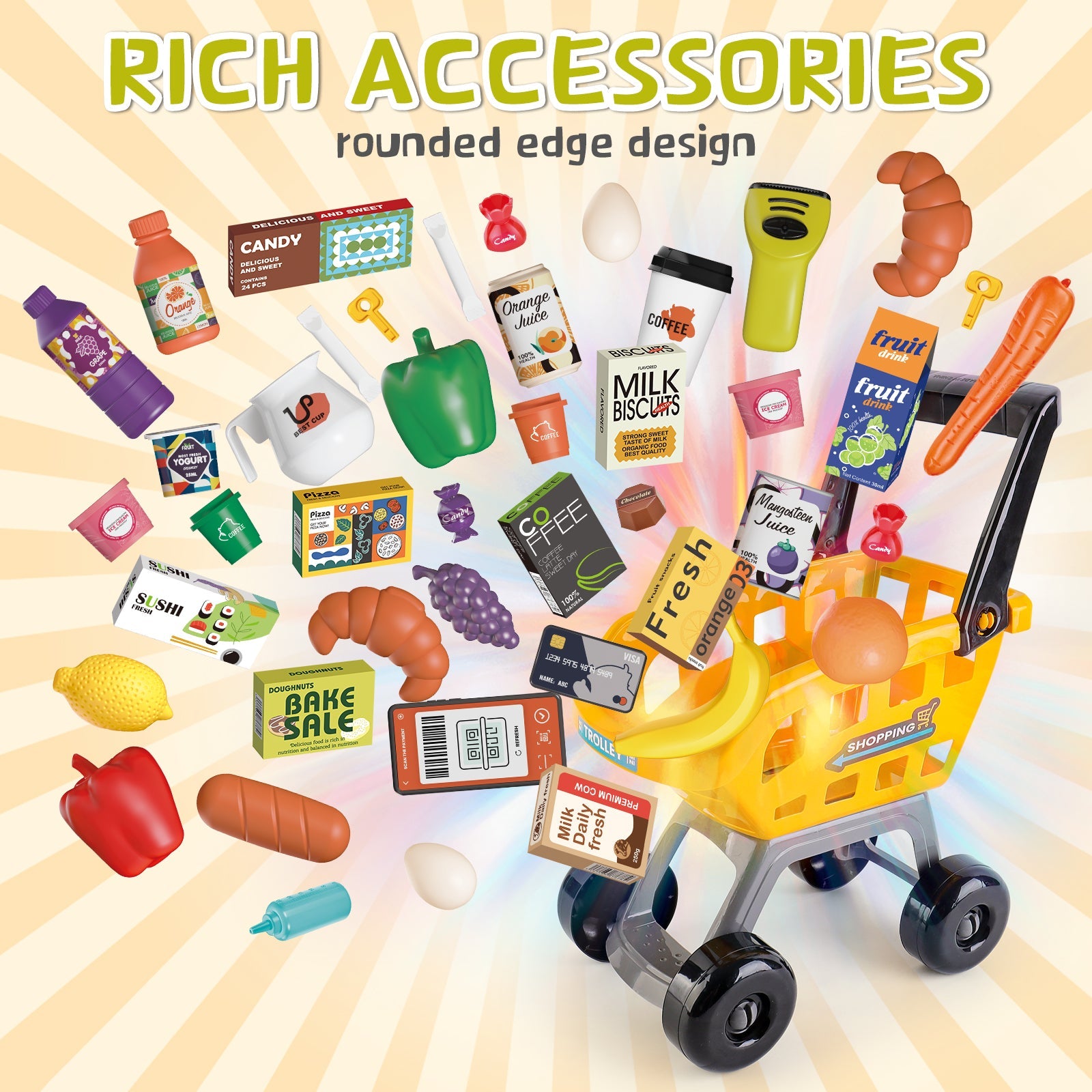 65PCS Supermarket Cart Toys Play Set Role Play Cash Register Pretend Interactive Grocery Stand Store Simulate Light Music and Smoking for Kids