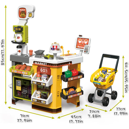 65PCS Supermarket Cart Toys Play Set Role Play Cash Register Pretend Interactive Grocery Stand Store Simulate Light Music and Smoking for Kids