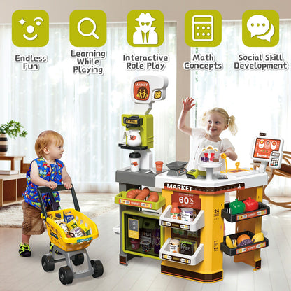 65PCS Supermarket Cart Toys Play Set Role Play Cash Register Pretend Interactive Grocery Stand Store Simulate Light Music and Smoking for Kids