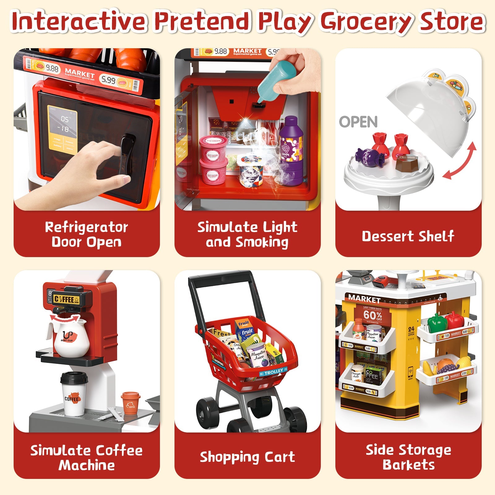 65 PCS Grocery Store Playset Pretend Supermarket Playset for Kids w/ Shopping Cart Cash Register Play Food Accessories Christmas Birthday Gift