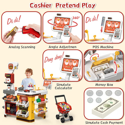 65 PCS Grocery Store Playset Pretend Supermarket Playset for Kids w/ Shopping Cart Cash Register Play Food Accessories Christmas Birthday Gift
