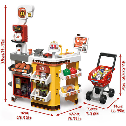 65 PCS Grocery Store Playset Pretend Supermarket Playset for Kids w/ Shopping Cart Cash Register Play Food Accessories Christmas Birthday Gift