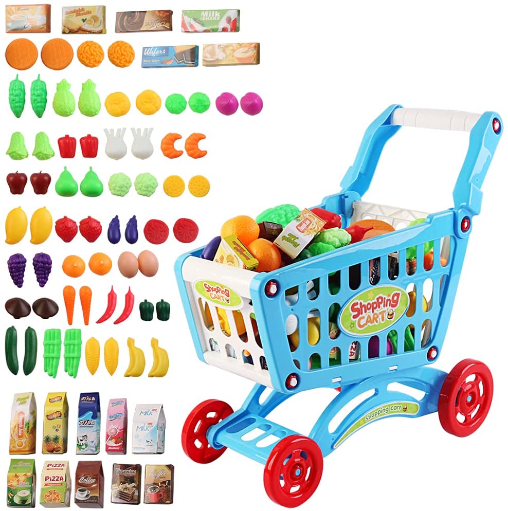 Shopping Cart Trolley for Children Play Set Includes 78 Grocery Food Fruit Vegetables Shop Accessories for Kids Boys and Girls (BLUE)