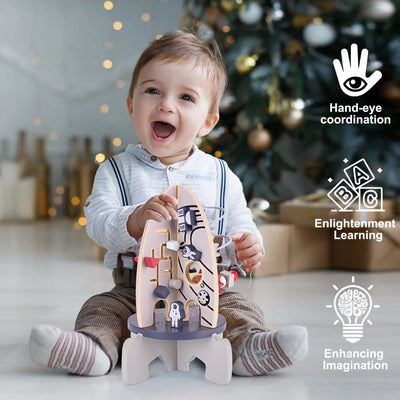Fidtoy Cohete de madera para actividades para niños pequeños – Juguete de aprendizaje STEM multiactividad para mayores de 1 año