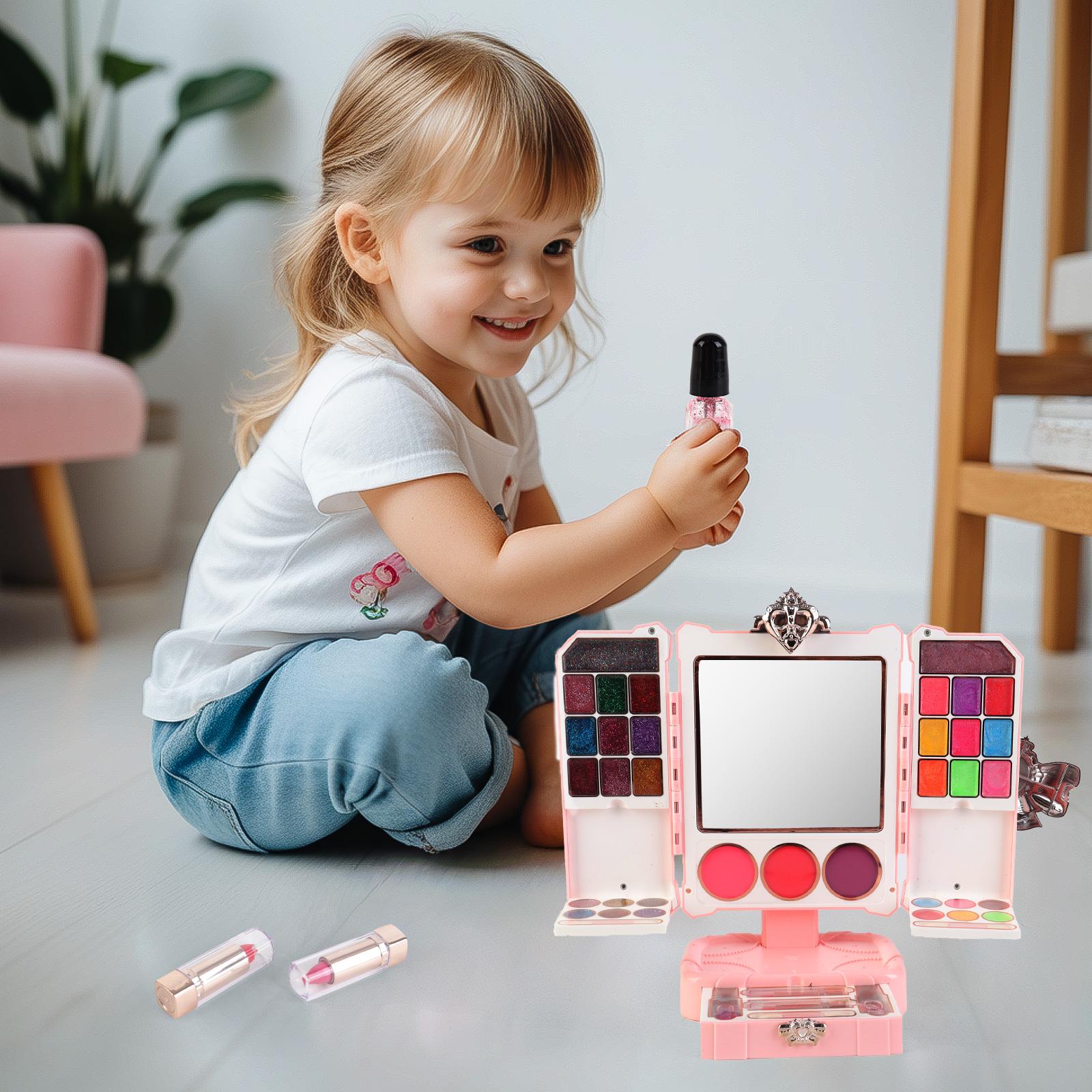 Kids Pink Beauty Make-Up Dresser Set – Foldable Vanity with Mirror, Light-Up Music, and Complete Makeup Accessories for Girls, Perfect for Pretend Play and Role-Playing Fun, Gift for Ages 3+