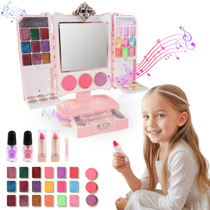 Kids Pink Beauty Make-Up Dresser Set – Foldable Vanity with Mirror, Light-Up Music, and Complete Makeup Accessories for Girls, Perfect for Pretend Play and Role-Playing Fun, Gift for Ages 3+