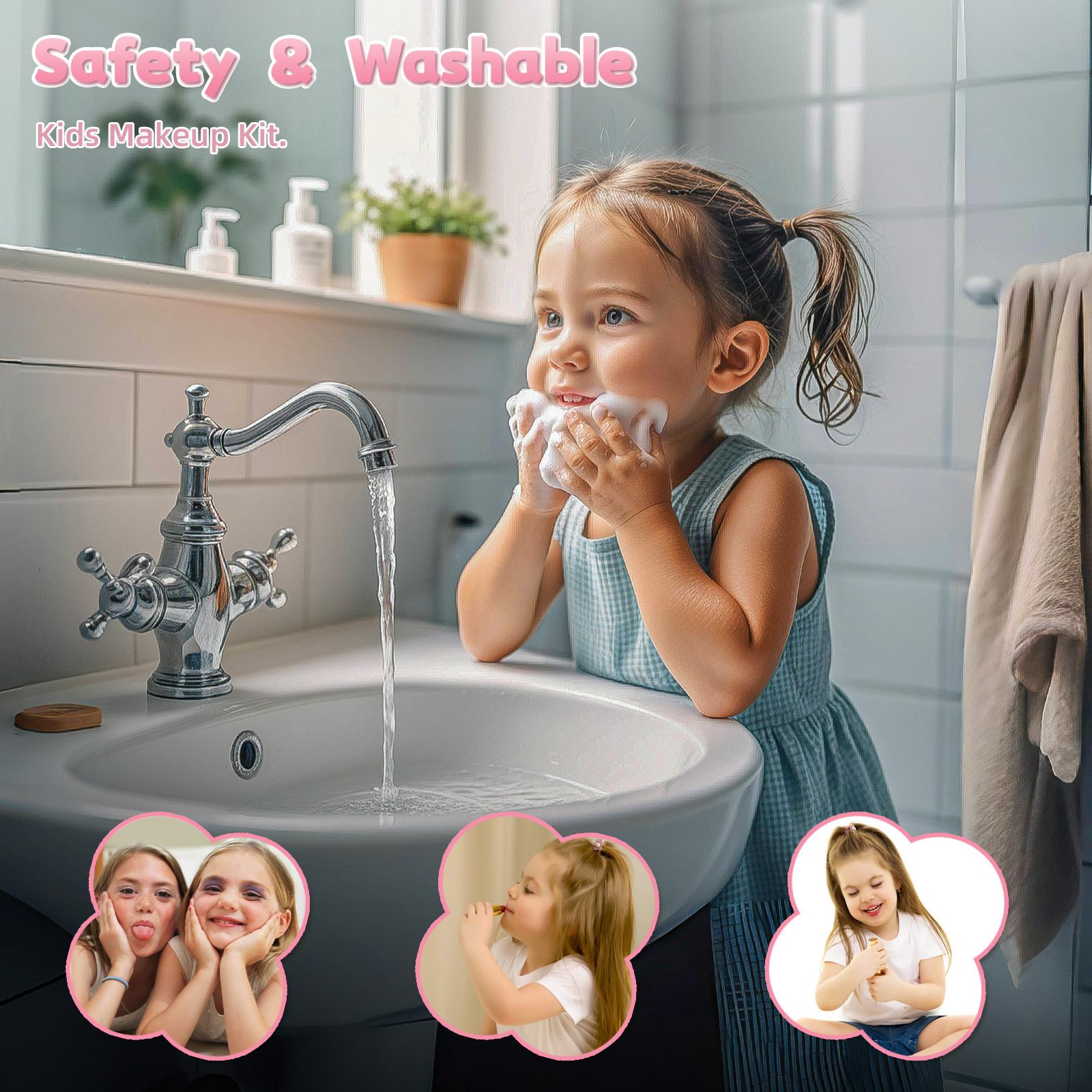 Kids Pink Beauty Make-Up Dresser Set – Foldable Vanity with Mirror, Light-Up Music, and Complete Makeup Accessories for Girls, Perfect for Pretend Play and Role-Playing Fun, Gift for Ages 3+