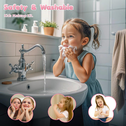 Kids Pink Beauty Make-Up Dresser Set – Foldable Vanity with Mirror, Light-Up Music, and Complete Makeup Accessories for Girls, Perfect for Pretend Play and Role-Playing Fun, Gift for Ages 3+